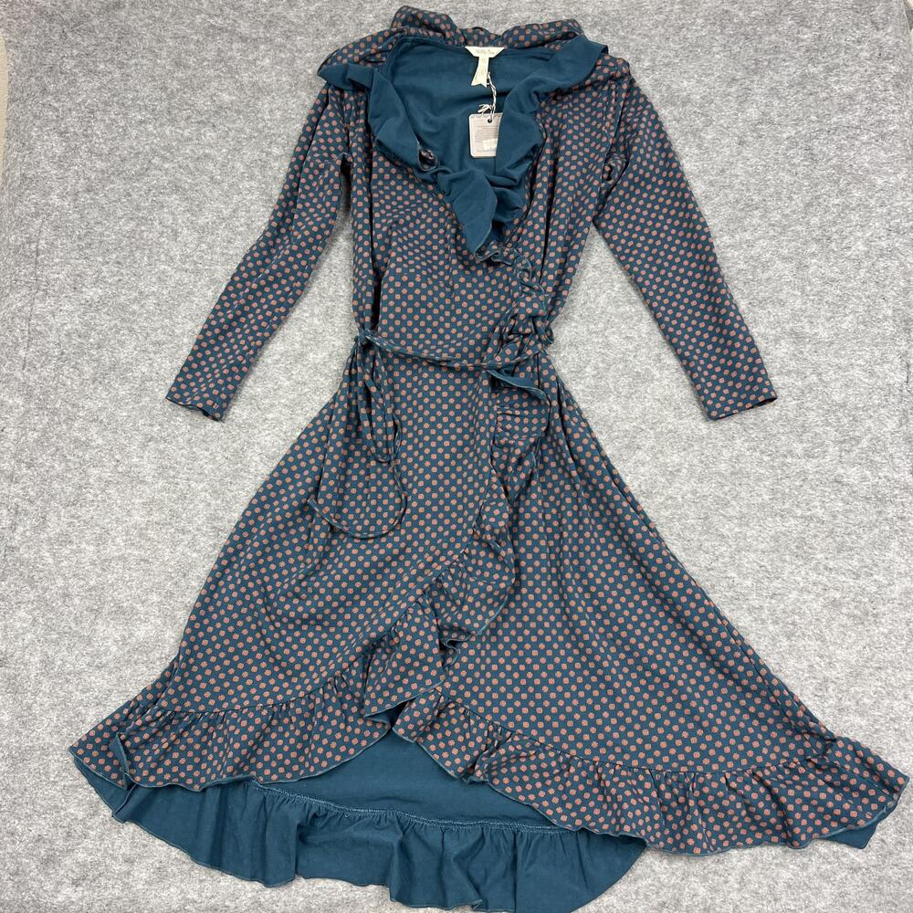 Matilda Jane Dress Womens M Blue Teal Floral Wrap Ruffle Midi Jersey Long Sleeve